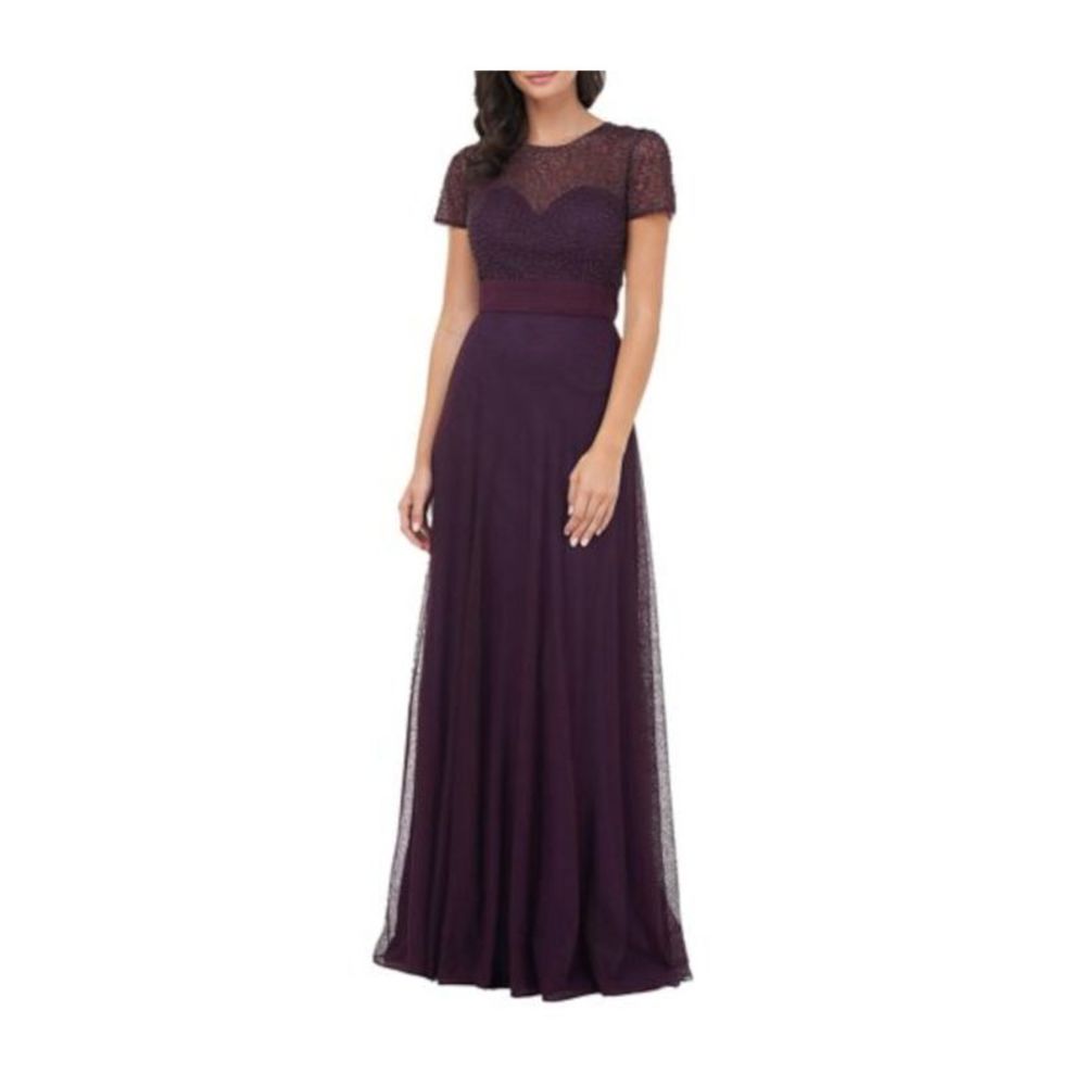 JS COLLECTION Womens Purple Short Sleeve Full-Length Evening Fit + Flare Dress 6
